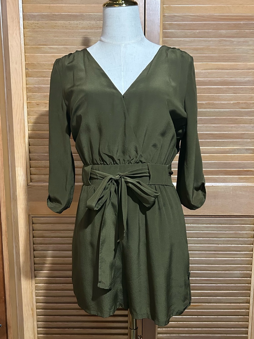 Charly Jade Olive Green 100% Silk Utilitarian V-Neck Wrap Romper size XS